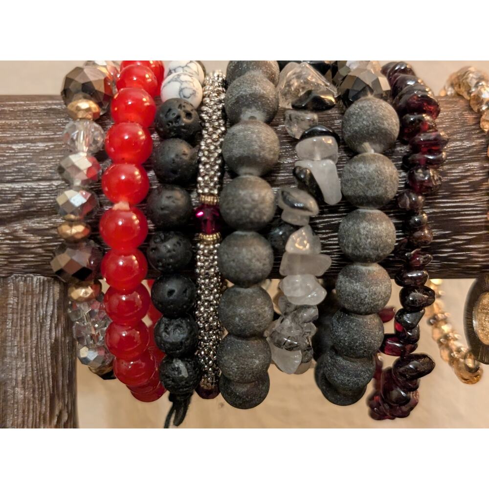 Lot of Nine Beaded Stretch Gray Red Bracelets